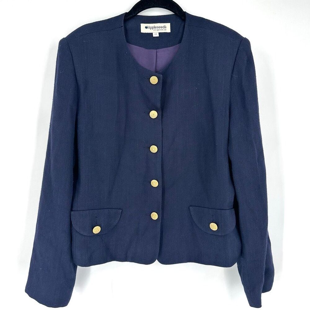 Appleseed’s Vintage Navy Blue Knit Rayon Jacket / Large 90s Gold Buttons Office